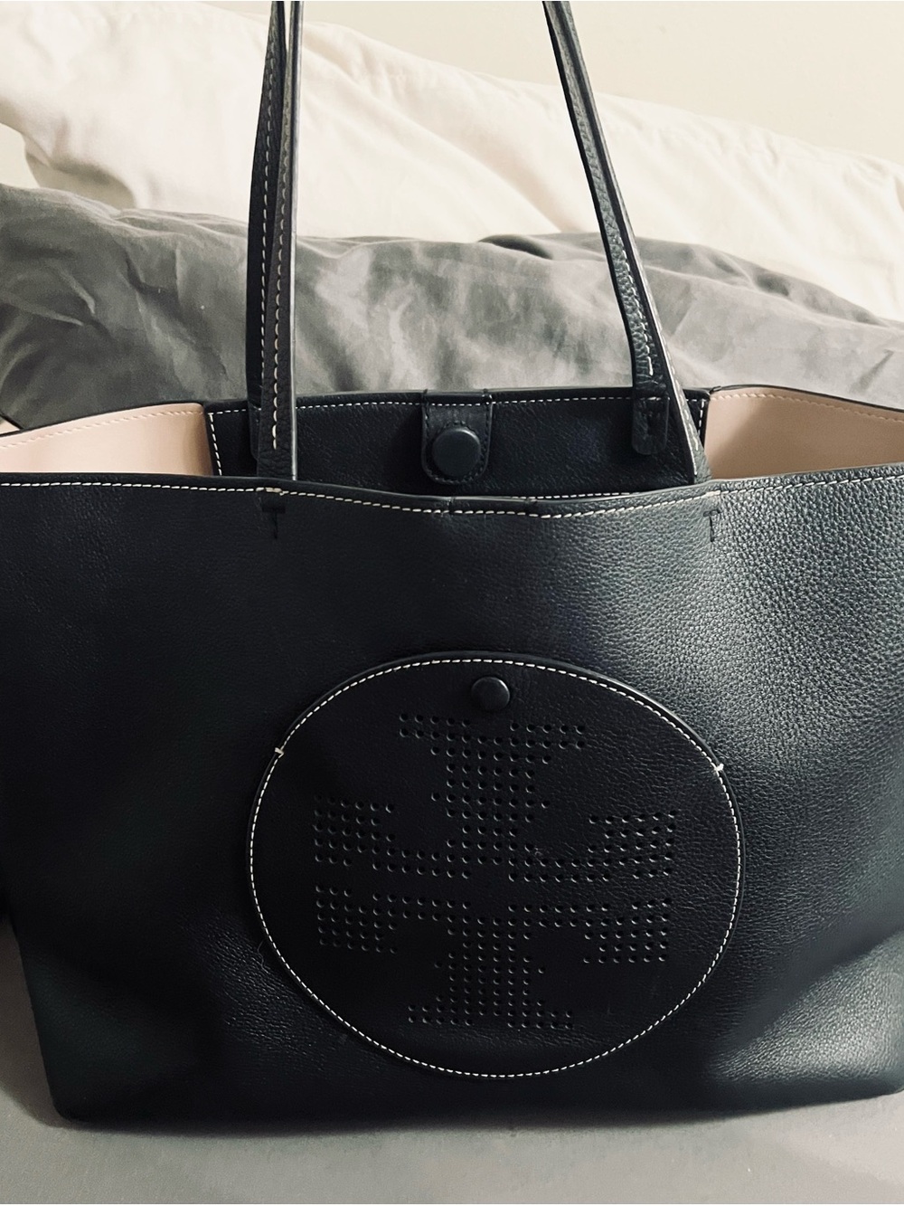 Tory Burch Large leather black logo tote with perforated front pocket